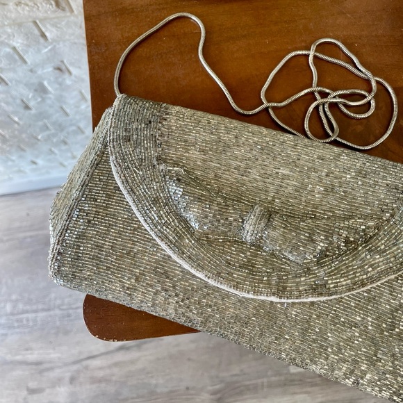 Vintage Sparkly Silver Hand-Beaded Bow Shoulder Bag Evening Purse - Picture 3 of 10